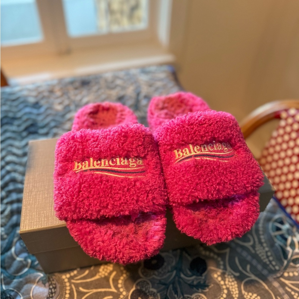 Balenciaga Vibrant Pink Plush Slippers